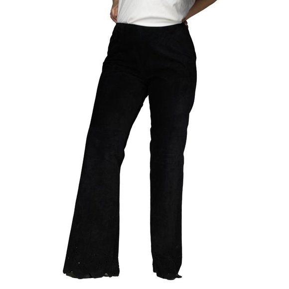 Danier black real suede flared pants with floral cut-out at bottom !! size 12 - Picture 6 of 10